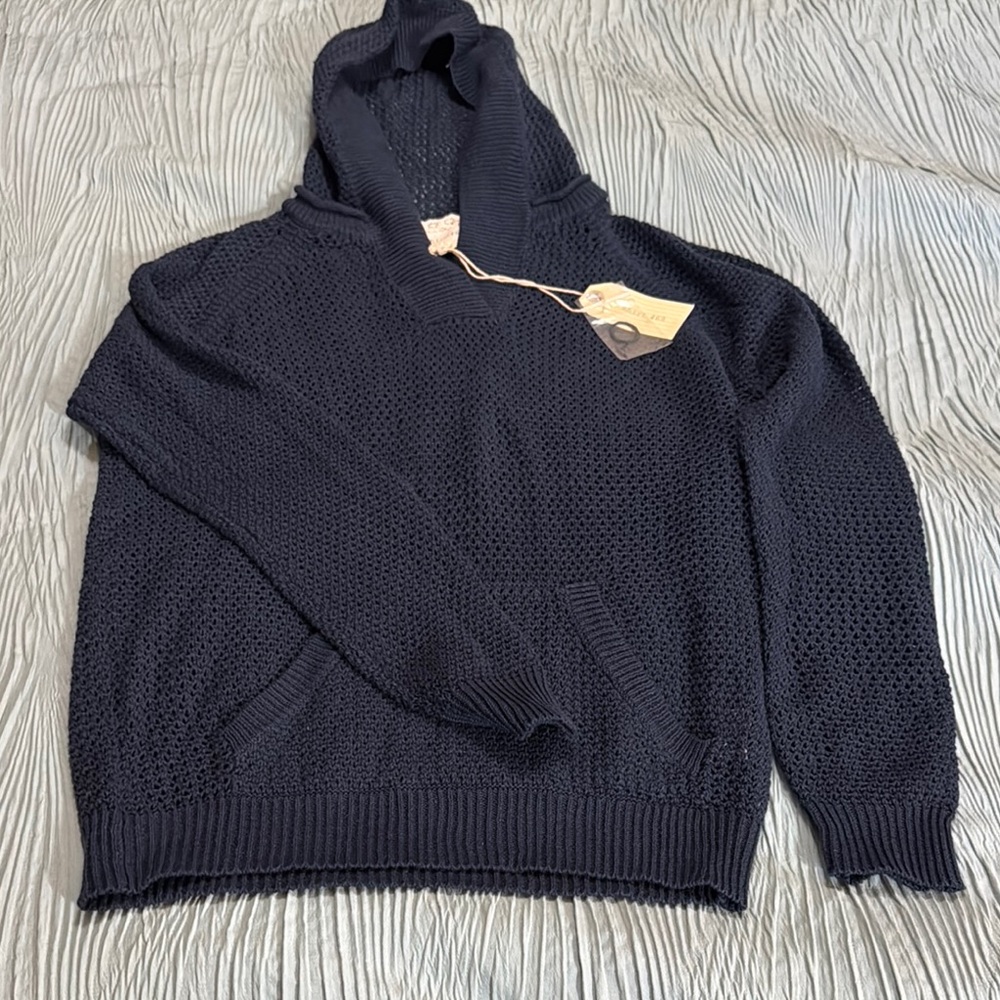 Women’s navy blue Shirt 469 crocheted hooded sweater